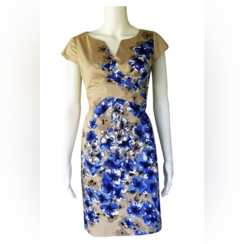 Nine West Size 2 Secrets Revealed dress Airy Blue Floral & Tan Beige Womens NWT